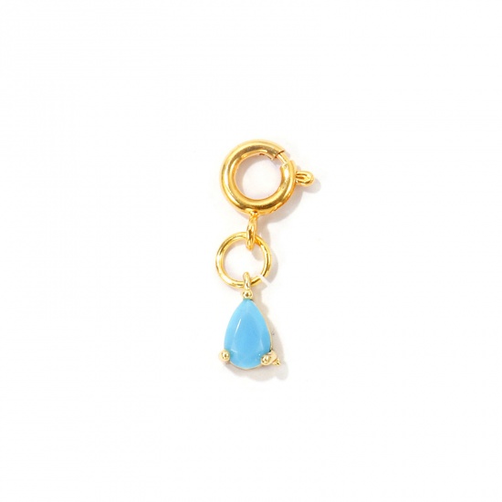 Imagen de 1 Unidad Respetuoso del Medio Ambiente Latón Colgantes Al Por Mayor 18K Oro Real Chapado Gota Con Cierre De Resorte Azul Circón Artificial 21cm x 5cm