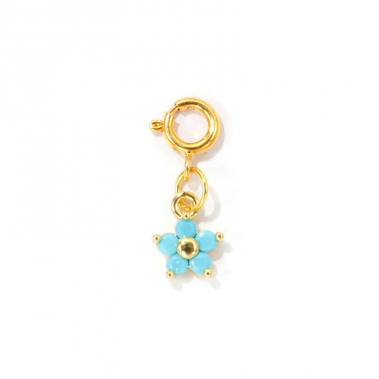 Imagen de 1 Unidad Respetuoso del Medio Ambiente Latón Colgantes Al Por Mayor 18K Oro Real Chapado Flor Con Cierre De Resorte Azul Circón Artificial 22mm x 8mm