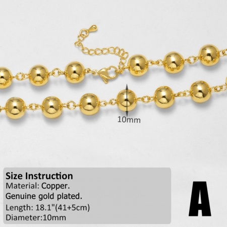 Imagen de 1 Unidad Latón Cadena de Cuentas Collares Al Por Mayor Chapado en Oro de 18K 41cm + 5cm longitud, Cadena: 10mm