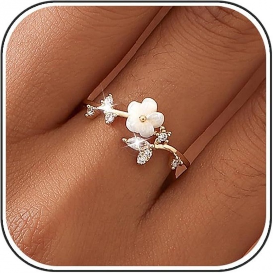 Picture of Wholesale Women's Gift Flower Clear Cubic Zirconia Open Adjustable Rings, 14K Gold Plated Natural Shell & Brass, Stylish Dainty Jewelry Supply, 1 Piece