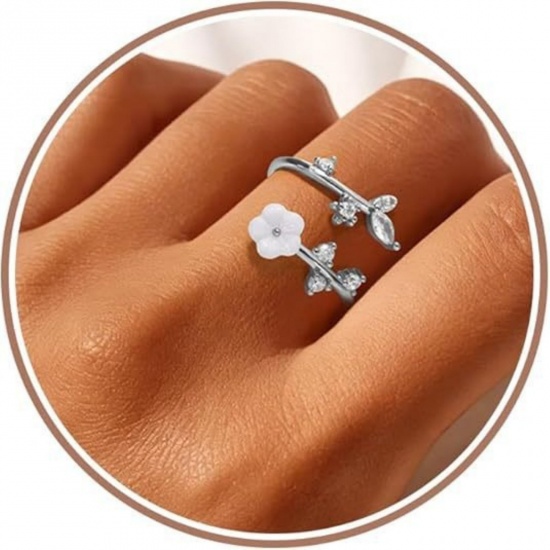 Picture of Wholesale Women's Gift Flower Clear Cubic Zirconia Open Adjustable Rings, Platinum Plated Natural Shell & Brass, Stylish Dainty Jewelry Supply, 1 Piece