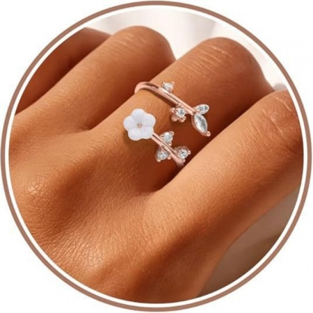 Picture of Wholesale Women's Gift Flower Clear Cubic Zirconia Open Adjustable Rings, Rose Gold Natural Shell & Brass, Stylish Dainty Jewelry Supply, 1 Piece