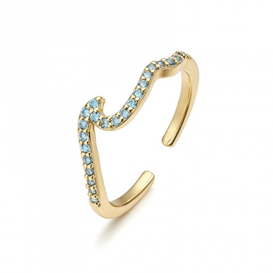 Imagen de Mujeres Regalo Ola Azul Circón Artificial Abierto Ajustable Anillos Al Por Mayor, Chapado en Oro de 18K Latón, Hip-Hop Elegante Suministro de Joyería, 17.3mm (US size 7), 1 Unidad