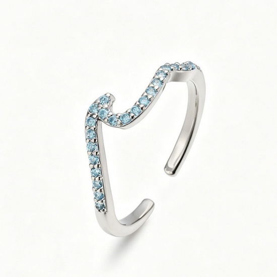 Imagen de Mujeres Regalo Ola Azul Circón Artificial Abierto Ajustable Anillos Al Por Mayor, Platino Chapado Latón, Hip-Hop Elegante Suministro de Joyería, 17.3mm (US size 7), 1 Unidad