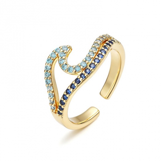 Imagen de Mujeres Regalo Ola Azul Circón Artificial Abierto Ajustable Anillos Al Por Mayor, Chapado en Oro de 18K Latón, Hip-Hop Elegante Suministro de Joyería, 17.3mm (US size 7), 1 Unidad