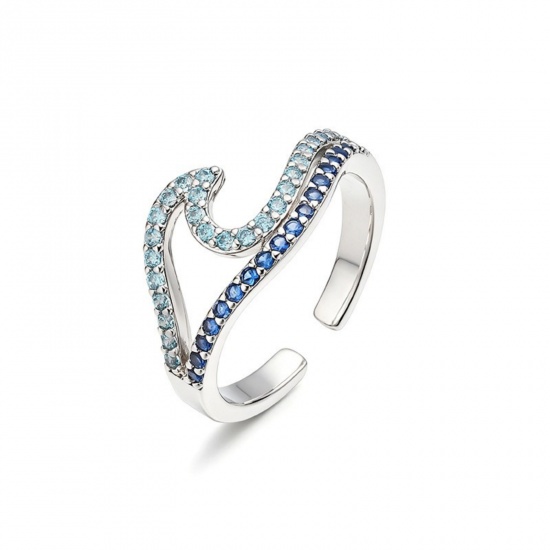 Imagen de Mujeres Regalo Ola Azul Circón Artificial Abierto Ajustable Anillos Al Por Mayor, Platino Chapado Latón, Hip-Hop Elegante Suministro de Joyería, 17.3mm (US size 7), 1 Unidad