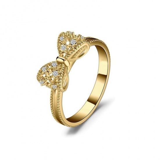Picture of Wholesale Women's Gift Bowknot Clear Cubic Zirconia Unadjustable Rings, 18K Gold Plated Brass, Exquisite Stylish Jewelry Supply, 18.1mm(US Size 8), 1 Piece