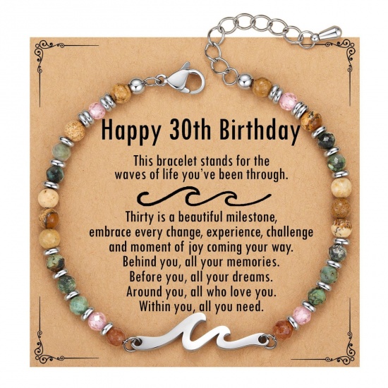 Imagen de Ola Mensaje " Happy 30th Birthday " Con Tarjeta Latón & Turquesa de África Jaspe Pulseras de Cuentas Al Por Mayor, Platino Chapado Unisex Retro Elegante Regalo Suministro de Joyería, 19cm + 4cm longitud, 1 Juego