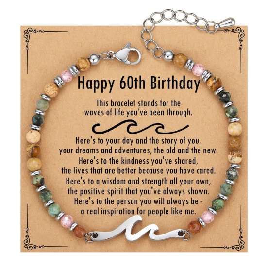 Imagen de Ola Mensaje " Happy 60th Birthday " Con Tarjeta Latón & Turquesa de África Jaspe Pulseras de Cuentas Al Por Mayor, Platino Chapado Unisex Retro Elegante Regalo Suministro de Joyería, 19cm + 4cm longitud, 1 Juego