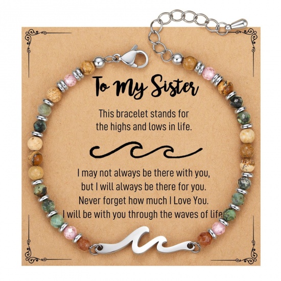 Imagen de Ola Mensaje " To My Sister " Con Tarjeta Latón & Turquesa de África Jaspe Pulseras de Cuentas Al Por Mayor, Platino Chapado Mujeres Retro Elegante Regalo Suministro de Joyería, 19cm + 4cm longitud, 1 Juego