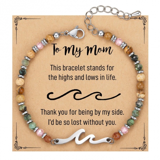 Imagen de Ola Mensaje " TO MY Mom " Con Tarjeta Latón & Turquesa de África Jaspe Pulseras de Cuentas Al Por Mayor, Platino Chapado Mujeres Retro Elegante Regalo Suministro de Joyería, 19cm + 4cm longitud, 1 Juego