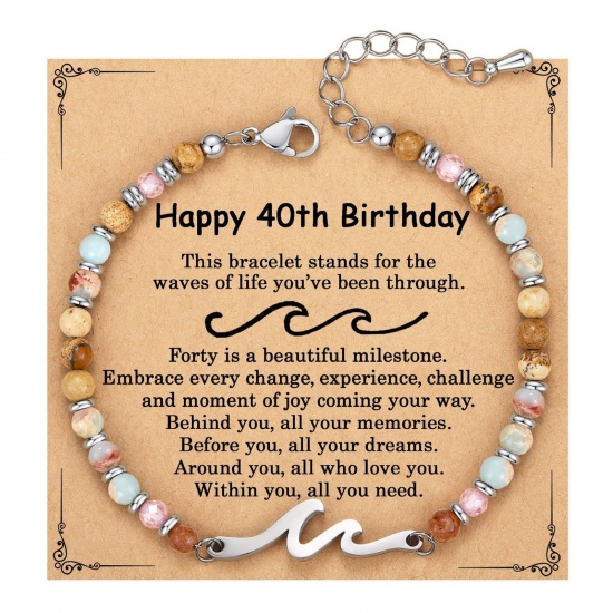 Imagen de Ola Mensaje " Happy 40th Birthday " Con Tarjeta Latón & Piedra Shoushan de China Pulseras de Cuentas Al Por Mayor, Platino Chapado Unisex Retro Elegante Regalo Suministro de Joyería, 19cm + 4cm longitud, 1 Juego
