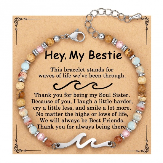 Imagen de Ola Mensaje " My Bestie " Con Tarjeta Latón & Piedra Shoushan de China Pulseras de Cuentas Al Por Mayor, Platino Chapado Mujeres Retro Elegante Regalo Suministro de Joyería, 19cm + 4cm longitud, 1 Juego