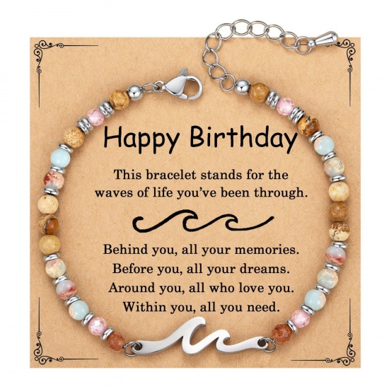 Imagen de Ola Mensaje " Feliz Cumpleaños " Con Tarjeta Latón & Piedra Shoushan de China Pulseras de Cuentas Al Por Mayor, Platino Chapado Unisex Retro Elegante Regalo Suministro de Joyería, 19cm + 4cm longitud, 1 Juego
