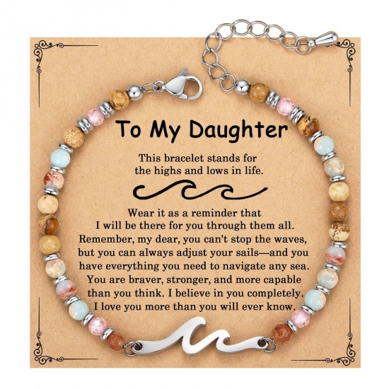 Imagen de Ola Mensaje " TO MY Daughter " Con Tarjeta Latón & Piedra Shoushan de China Pulseras de Cuentas Al Por Mayor, Platino Chapado Mujeres Retro Elegante Regalo Suministro de Joyería, 19cm + 4cm longitud, 1 Juego