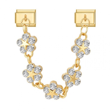 Picture of 1 Piece 304 Stainless Steel Exquisite Italian Charm Connected Chain Double Links For DIY Modular Bracelet Watch Jewelry Making, With Zinc Alloy Pendant Flower Star Clear Rhinestone Gold Plated - Wholesale, 10mm x 9mm