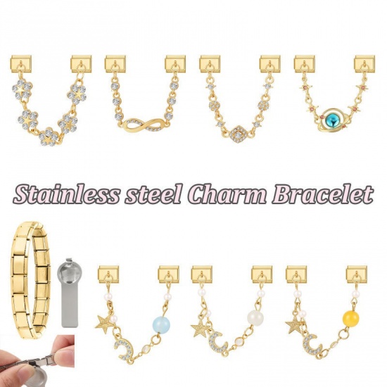 Picture of 1 Piece 304 Stainless Steel Exquisite Italian Charm Connected Chain Double Links For DIY Modular Bracelet Watch Jewelry Making, With Zinc Alloy Pendant Flower Star Clear Rhinestone Gold Plated - Wholesale, 10mm x 9mm