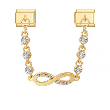 Picture of 1 Piece 304 Stainless Steel Exquisite Italian Charm Connected Chain Double Links For DIY Modular Bracelet Watch Jewelry Making, With Zinc Alloy Pendant Infinity Symbol Clear Rhinestone Gold Plated - Wholesale, 10mm x 9mm