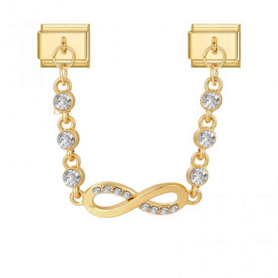 Picture of 1 Piece 304 Stainless Steel Exquisite Italian Charm Connected Chain Double Links For DIY Modular Bracelet Watch Jewelry Making, With Zinc Alloy Pendant Infinity Symbol Clear Rhinestone Gold Plated - Wholesale, 10mm x 9mm