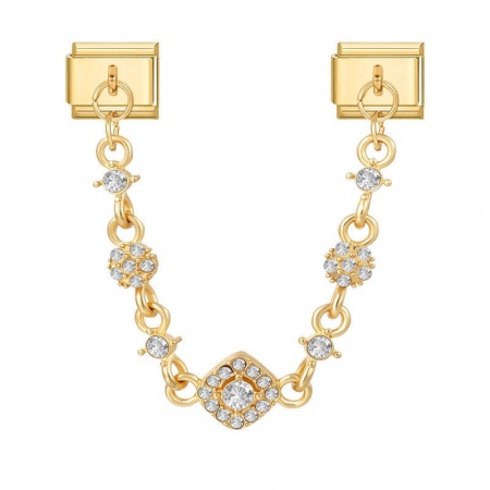 Picture of 1 Piece 304 Stainless Steel Exquisite Italian Charm Connected Chain Double Links For DIY Modular Bracelet Watch Jewelry Making, With Zinc Alloy Pendant Rhombus Clear Rhinestone Gold Plated - Wholesale, 10mm x 9mm