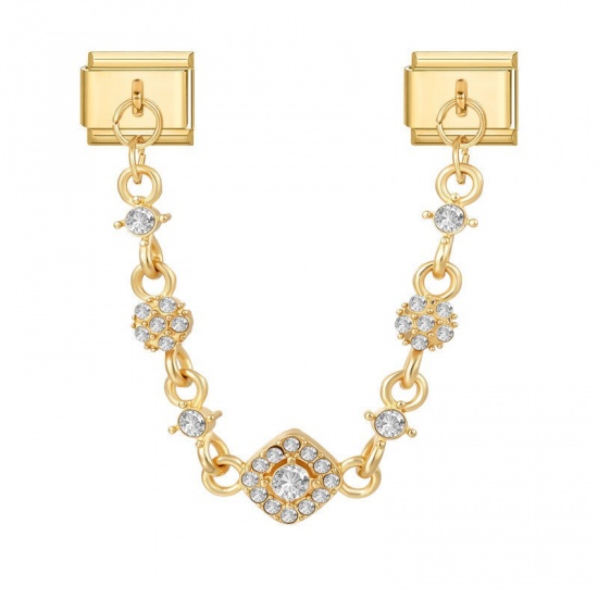 Picture of 1 Piece 304 Stainless Steel Exquisite Italian Charm Connected Chain Double Links For DIY Modular Bracelet Watch Jewelry Making, With Zinc Alloy Pendant Rhombus Clear Rhinestone Gold Plated - Wholesale, 10mm x 9mm