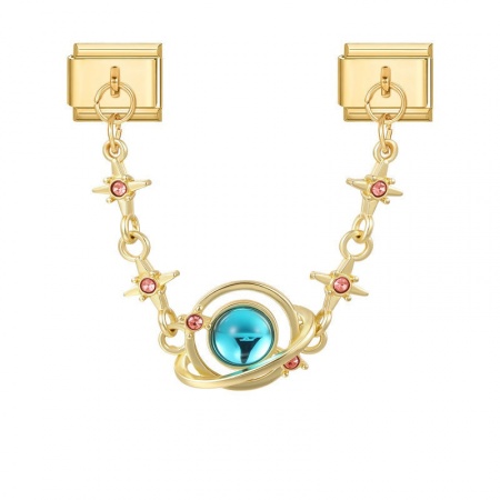 Picture of 1 Piece 304 Stainless Steel Exquisite Italian Charm Connected Chain Double Links For DIY Modular Bracelet Watch Jewelry Making, With Zinc Alloy Pendant Planet Star Blue Pink Rhinestone Gold Plated - Wholesale, 10mm x 9mm