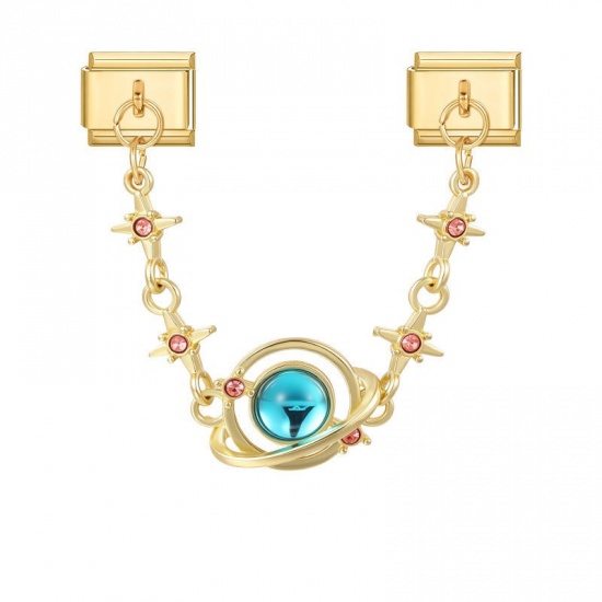 Picture of 1 Piece 304 Stainless Steel Exquisite Italian Charm Connected Chain Double Links For DIY Modular Bracelet Watch Jewelry Making, With Zinc Alloy Pendant Planet Star Blue Pink Rhinestone Gold Plated - Wholesale, 10mm x 9mm