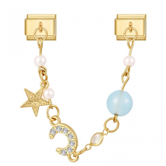 Picture of 1 Piece 304 Stainless Steel Exquisite Italian Charm Connected Chain Double Links For DIY Modular Bracelet Watch Jewelry Making, With Zinc Alloy Pendant Half Moon Star Light Blue Beaded Clear Rhinestone Gold Plated - Wholesale, 10mm x 9mm