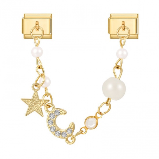 Picture of 1 Piece 304 Stainless Steel Exquisite Italian Charm Connected Chain Double Links For DIY Modular Bracelet Watch Jewelry Making, With Zinc Alloy Pendant Half Moon Star White Beaded Clear Rhinestone Gold Plated - Wholesale, 10mm x 9mm