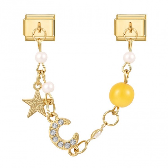 Picture of 1 Piece 304 Stainless Steel Exquisite Italian Charm Connected Chain Double Links For DIY Modular Bracelet Watch Jewelry Making, With Zinc Alloy Pendant Half Moon Star Yellow Beaded Clear Rhinestone Gold Plated - Wholesale, 10mm x 9mm