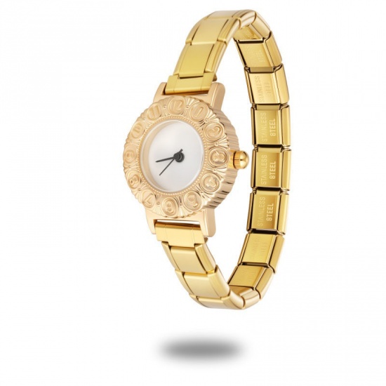 Picture of Wholesale White 304 Stainless Steel Italian Charm Links Modular Wrist Watch, Gold Plated Eco-friendly, Women's Casual Stylish Gift Jewelry Supply, 18.5cm(7 2/8") long, 1 Piece