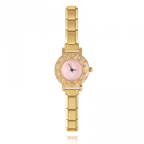 Picture of Wholesale Pink 304 Stainless Steel Italian Charm Links Modular Wrist Watch, Gold Plated Eco-friendly, Women's Casual Stylish Gift Jewelry Supply, 18.5cm(7 2/8") long, 1 Piece