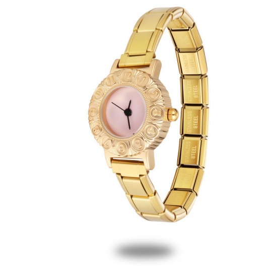 Picture of Wholesale Pink 304 Stainless Steel Italian Charm Links Modular Wrist Watch, Gold Plated Eco-friendly, Women's Casual Stylish Gift Jewelry Supply, 18.5cm(7 2/8") long, 1 Piece