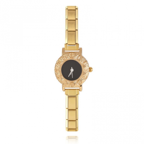 Picture of Wholesale Black 304 Stainless Steel Italian Charm Links Modular Wrist Watch, Gold Plated Eco-friendly, Women's Casual Stylish Gift Jewelry Supply, 18.5cm(7 2/8") long, 1 Piece
