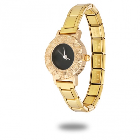 Picture of Wholesale Black 304 Stainless Steel Italian Charm Links Modular Wrist Watch, Gold Plated Eco-friendly, Women's Casual Stylish Gift Jewelry Supply, 18.5cm(7 2/8") long, 1 Piece