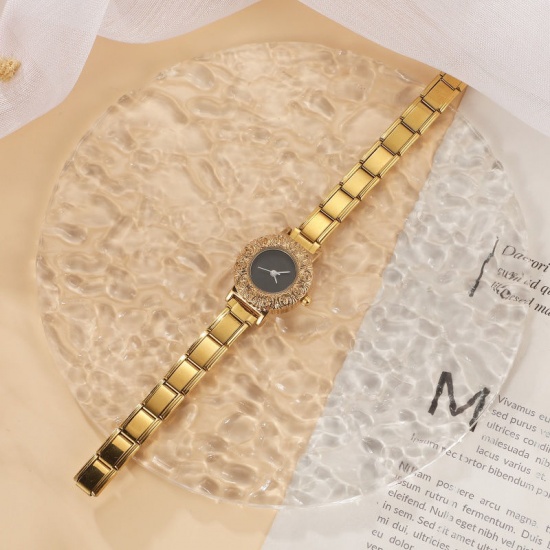Picture of Wholesale Black 304 Stainless Steel Italian Charm Links Modular Wrist Watch, Gold Plated Eco-friendly, Women's Casual Stylish Gift Jewelry Supply, 18.5cm(7 2/8") long, 1 Piece