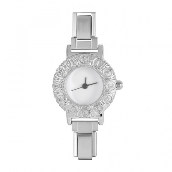 Picture of 1 Piece 304 Stainless Steel Exquisite Italian Charm Links Watch Face For DIY Jewelry Making, Round White Silver Tone - Wholesale, 5cm x 3.8cm