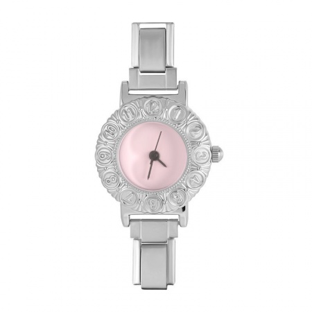 Picture of 1 Piece 304 Stainless Steel Exquisite Italian Charm Links Watch Face For DIY Jewelry Making, Round Pink Silver Tone - Wholesale, 5cm x 3.8cm