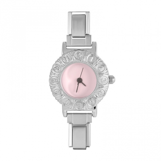 Picture of 1 Piece 304 Stainless Steel Exquisite Italian Charm Links Watch Face For DIY Jewelry Making, Round Pink Silver Tone - Wholesale, 5cm x 3.8cm