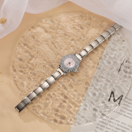 Picture of Wholesale Pink 304 Stainless Steel Italian Charm Links Modular Wrist Watch, Silver Tone Eco-friendly, Women's Casual Stylish Gift Jewelry Supply, 18.5cm(7 2/8") long, 1 Piece