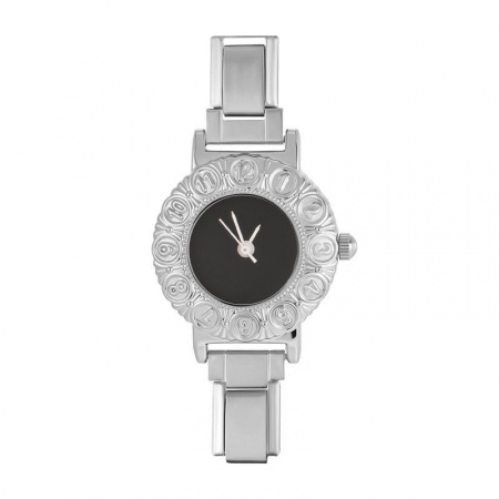 Picture of 1 Piece 304 Stainless Steel Exquisite Italian Charm Links Watch Face For DIY Jewelry Making, Round Black Silver Tone - Wholesale, 5cm x 3.8cm