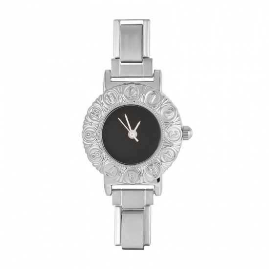 Picture of 1 Piece 304 Stainless Steel Exquisite Italian Charm Links Watch Face For DIY Jewelry Making, Round Black Silver Tone - Wholesale, 5cm x 3.8cm