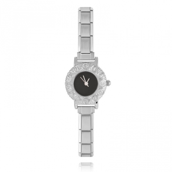 Picture of Wholesale Black 304 Stainless Steel Italian Charm Links Modular Wrist Watch, Silver Tone Eco-friendly, Women's Casual Stylish Gift Jewelry Supply, 18.5cm(7 2/8") long, 1 Piece