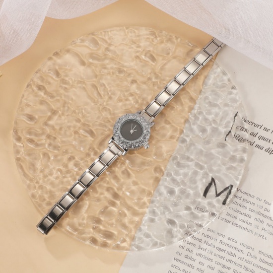 Picture of Wholesale Black 304 Stainless Steel Italian Charm Links Modular Wrist Watch, Silver Tone Eco-friendly, Women's Casual Stylish Gift Jewelry Supply, 18.5cm(7 2/8") long, 1 Piece