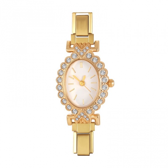 Picture of 1 Piece 304 Stainless Steel Exquisite Italian Charm Links Watch Face For DIY Jewelry Making, Oval White Clear Rhinestone Gold Plated - Wholesale, 5cm x 3.8cm