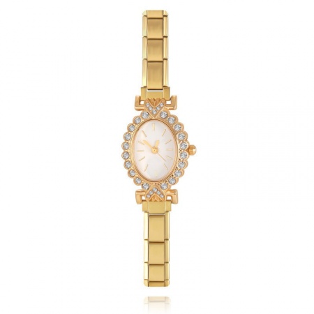 Picture of Wholesale White Clear Rhinestone 304 Stainless Steel Italian Charm Links Modular Wrist Watch, Gold Plated Eco-friendly, Women's Retro Stylish Gift Jewelry Supply, 18.5cm(7 2/8") long, 1 Piece