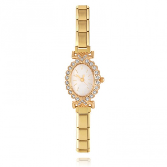 Picture of Wholesale White Clear Rhinestone 304 Stainless Steel Italian Charm Links Modular Wrist Watch, Gold Plated Eco-friendly, Women's Retro Stylish Gift Jewelry Supply, 18.5cm(7 2/8") long, 1 Piece