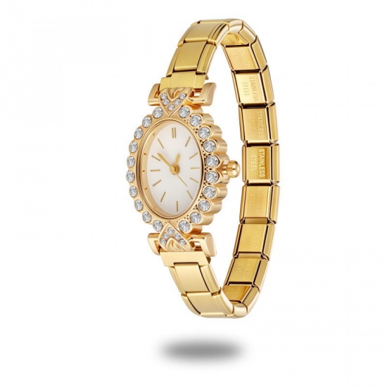 Picture of Wholesale White Clear Rhinestone 304 Stainless Steel Italian Charm Links Modular Wrist Watch, Gold Plated Eco-friendly, Women's Retro Stylish Gift Jewelry Supply, 18.5cm(7 2/8") long, 1 Piece