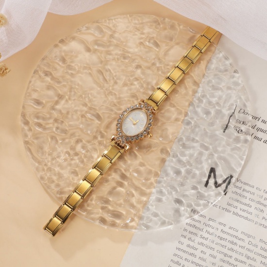 Picture of Wholesale White Clear Rhinestone 304 Stainless Steel Italian Charm Links Modular Wrist Watch, Gold Plated Eco-friendly, Women's Retro Stylish Gift Jewelry Supply, 18.5cm(7 2/8") long, 1 Piece
