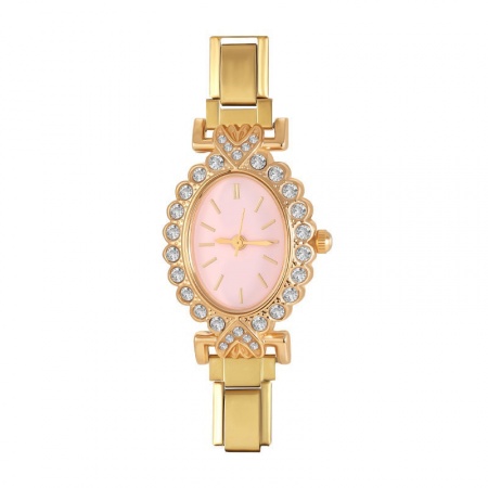 Picture of 1 Piece 304 Stainless Steel Exquisite Italian Charm Links Watch Face For DIY Jewelry Making, Oval Pink Clear Rhinestone Gold Plated - Wholesale, 5cm x 3.8cm